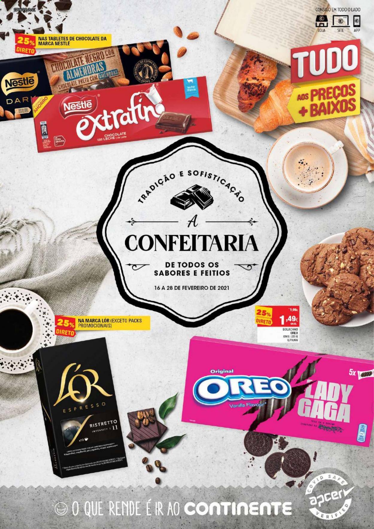 thumbnail - Folheto Continente - 16.2.2021 - 22.2.2021 - Produtos em promoção - Oreo, Nestlé, bolachas. Página 1.