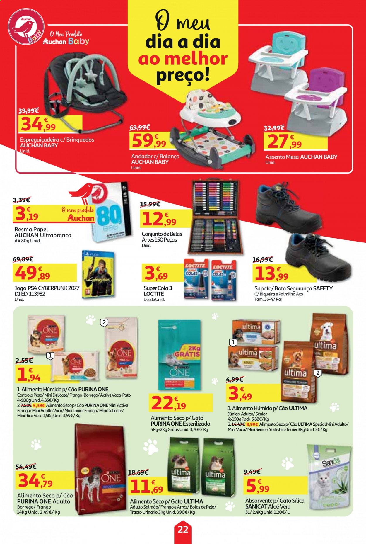 thumbnail - Folheto Auchan - 17.2.2021 - 2.3.2021 - Produtos em promoção - pato, salmão, pensos higiénicos, Purina, mesa, sapatos, botas, brinquedo. Página 22.