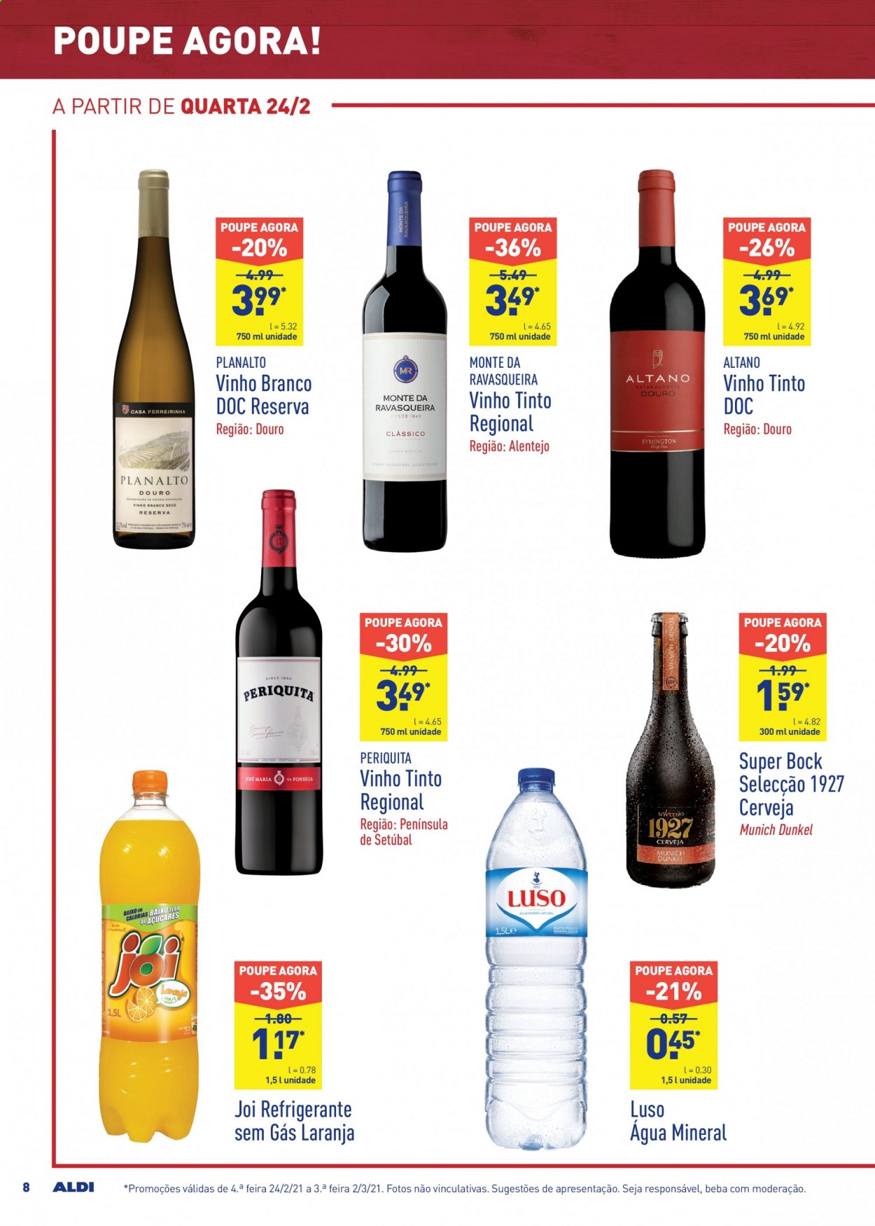 thumbnail - Folheto Aldi - 24.2.2021 - 2.3.2021 - Produtos em promoção - Super Bock, laranja, refrigerante, água mineral, vinho, vinho branco, vinho tinto. Página 8.