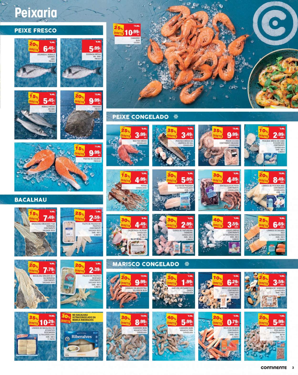 thumbnail - Folheto Continente Modelo - 23.2.2021 - 1.3.2021 - Produtos em promoção - salada, salmão, bacalhau, polvo, Iglo, marisco. Página 3.