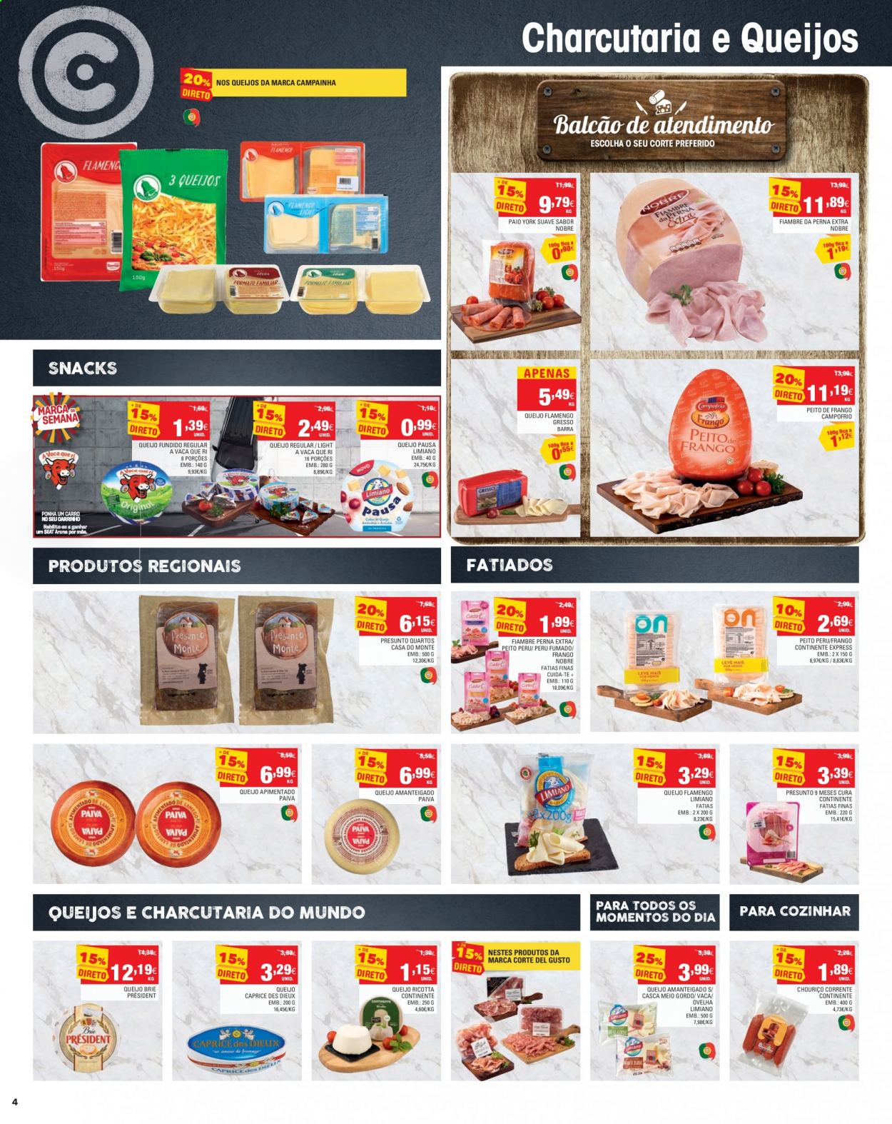 thumbnail - Folheto Continente Modelo - 23.2.2021 - 1.3.2021 - Produtos em promoção - peito de frango, peito de peru, perú, presunto, queijo, ricotta, queijo brie. Página 4.