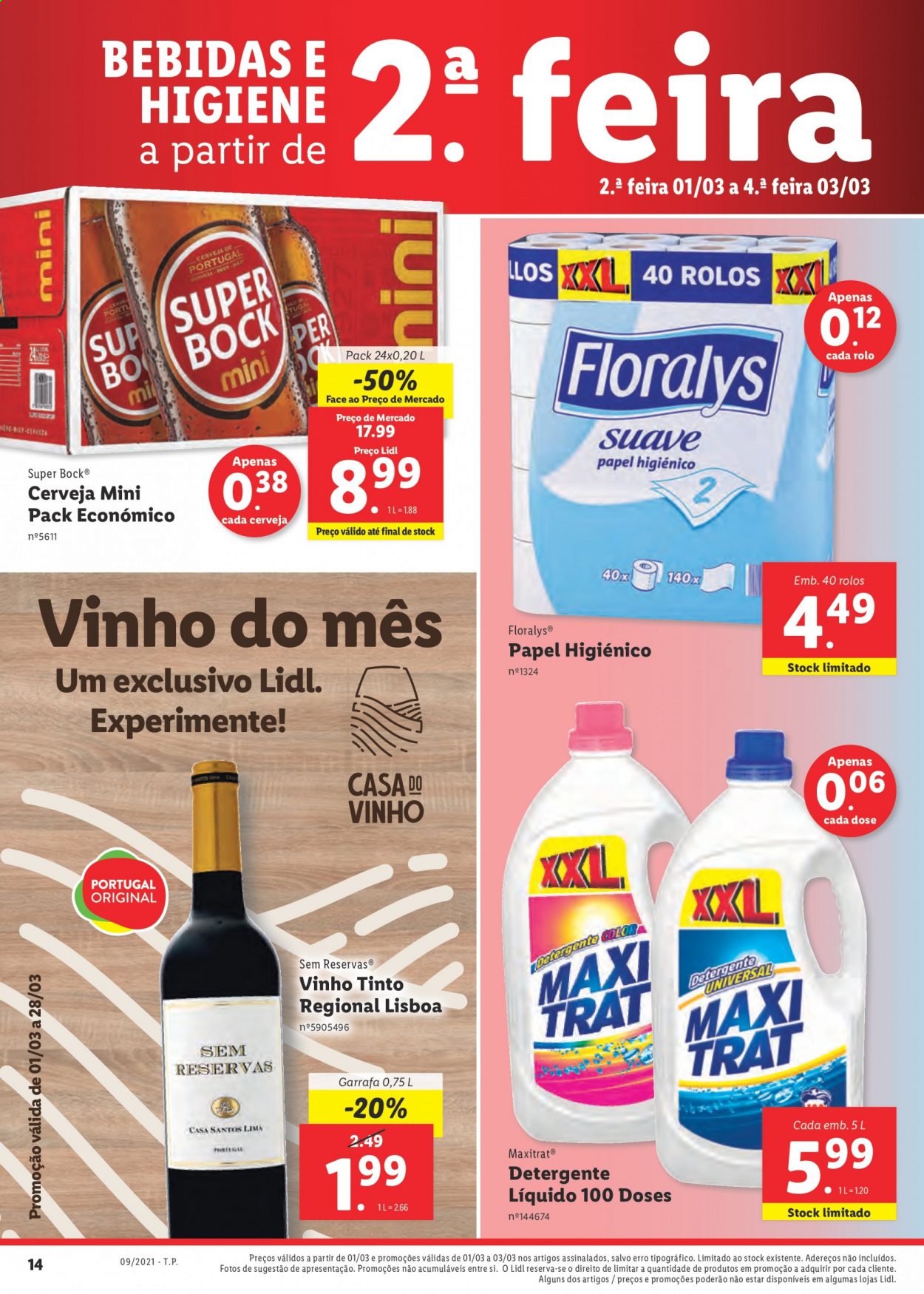 thumbnail - Folheto Lidl - 1.3.2021 - 7.3.2021 - Produtos em promoção - Super Bock, vinho, vinho tinto, papel higiénico, detergente, detergente líquido, garrafa. Página 32.