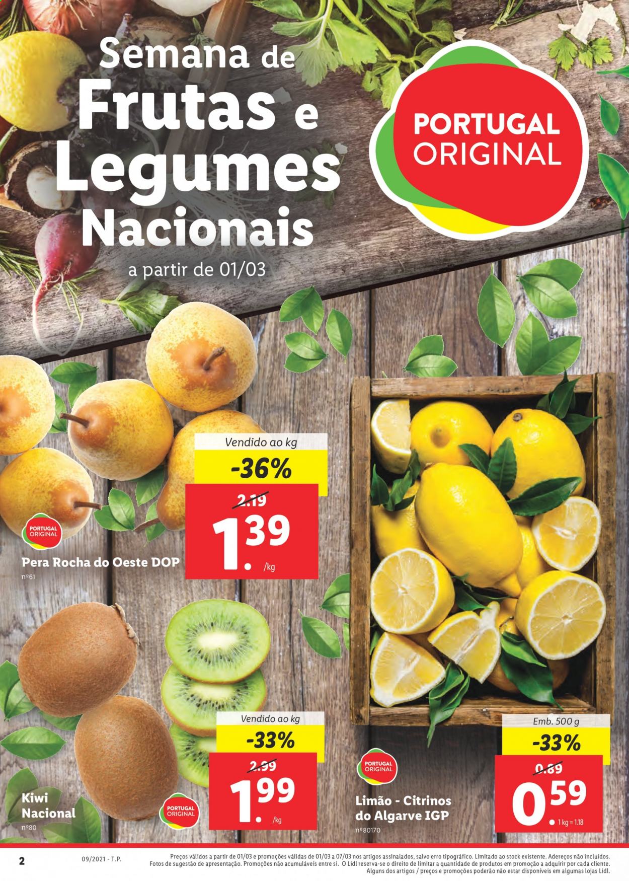 thumbnail - Folheto Lidl - 1.3.2021 - 7.3.2021 - Produtos em promoção - pera, kiwi, limão, legumes. Página 2.