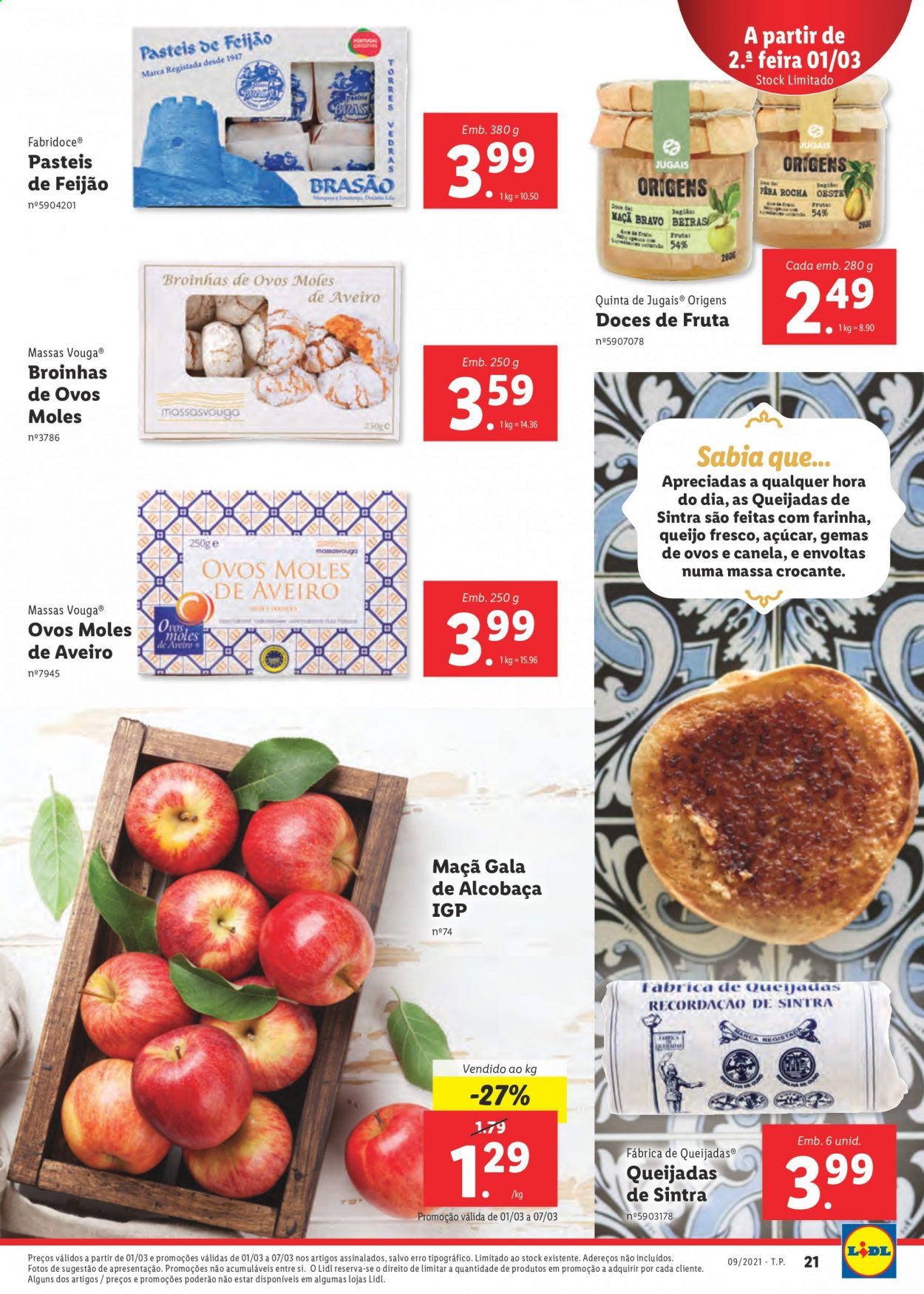 thumbnail - Folheto Lidl - 1.3.2021 - 7.3.2021 - Produtos em promoção - maçã, pera, pastel de feijão, broas, queijo, queijo fresco, açúcar. Página 21.
