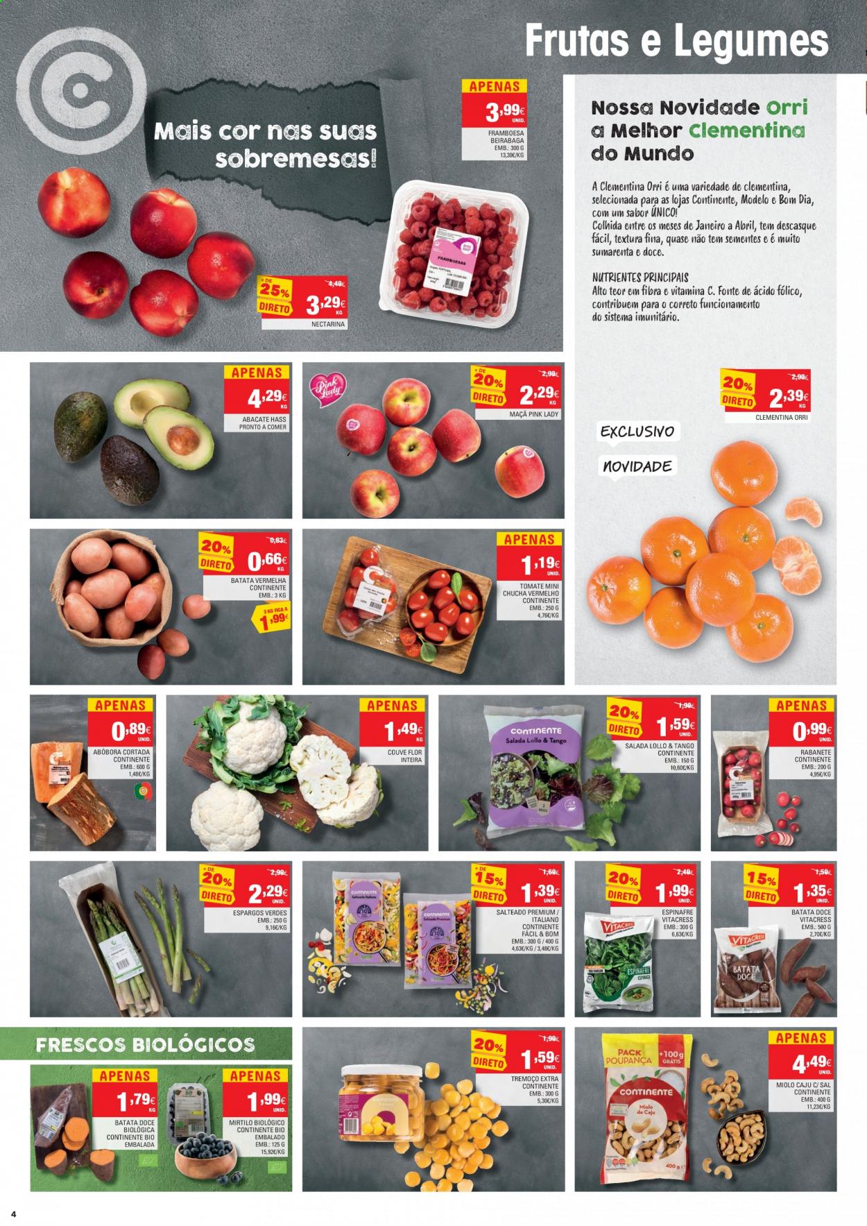thumbnail - Folheto Continente - 2.3.2021 - 8.3.2021 - Produtos em promoção - maçã, abacate, framboesa, mirtilo, caju, nectarinas, clementinas, batata-doce, salada, abóbora, aspargo, couve-flor, espinafre, batata roxa, espargos, Vitamina C. Página 4.