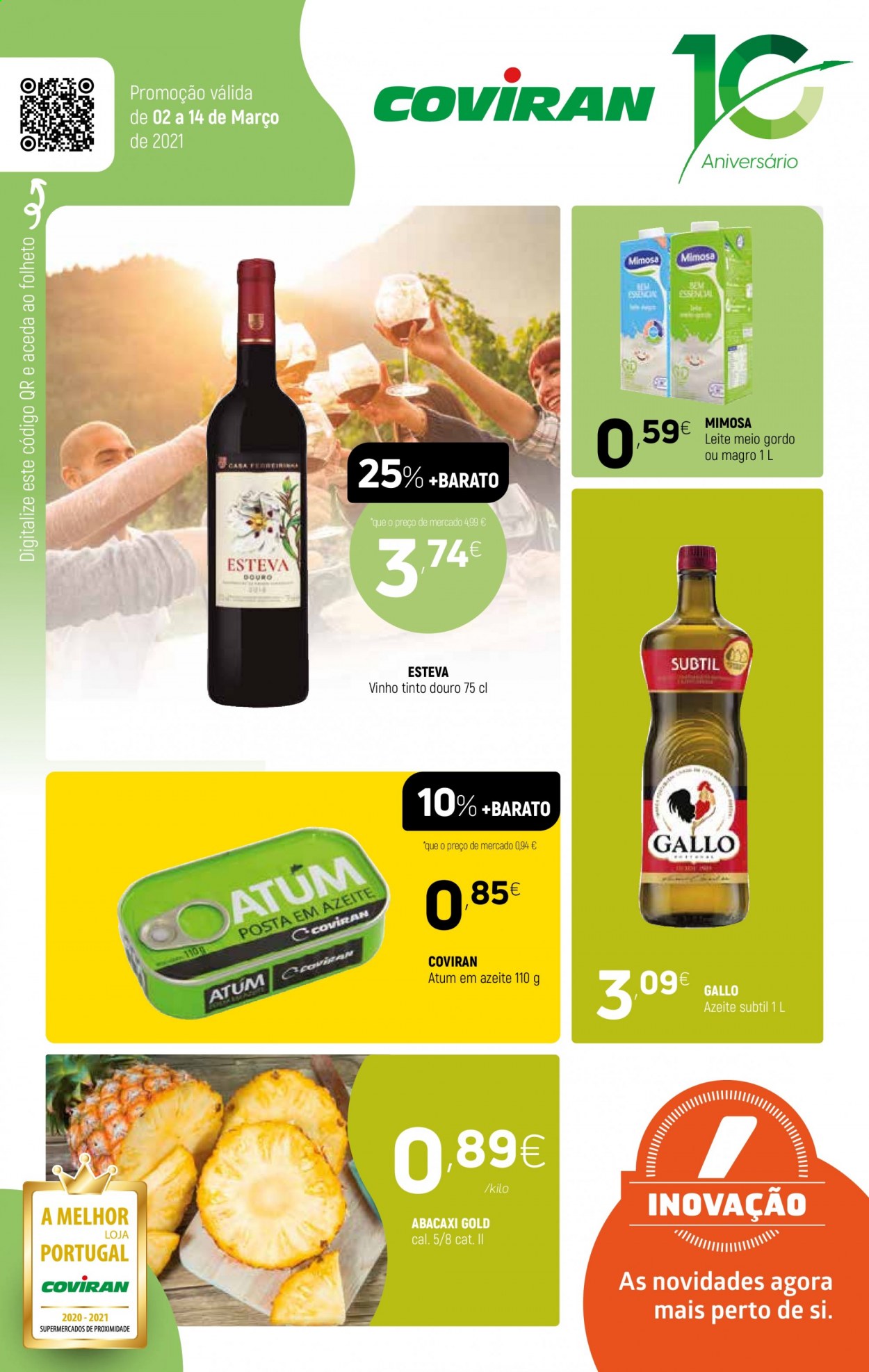 thumbnail - Folheto Coviran - 2.3.2021 - 14.3.2021 - Produtos em promoção - abacaxi, atum, Mimosa, leite, leite meio gordo, Gallo, vinho, vinho tinto. Página 1.