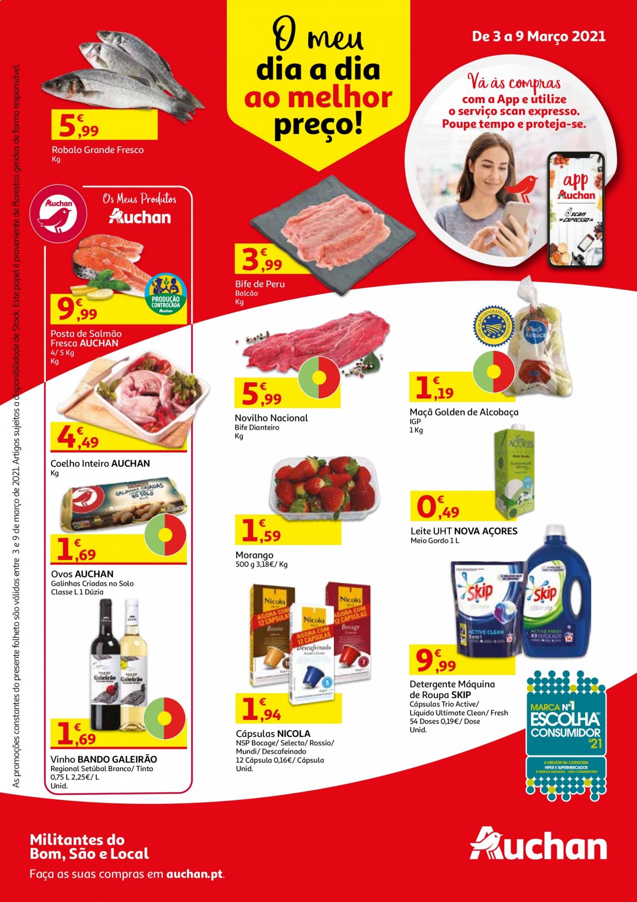 thumbnail - Folheto Auchan - 3.3.2021 - 9.3.2021 - Produtos em promoção - maçã, bife, perú, salmão, leite, ovos, Nicola, vinho, detergente. Página 1.