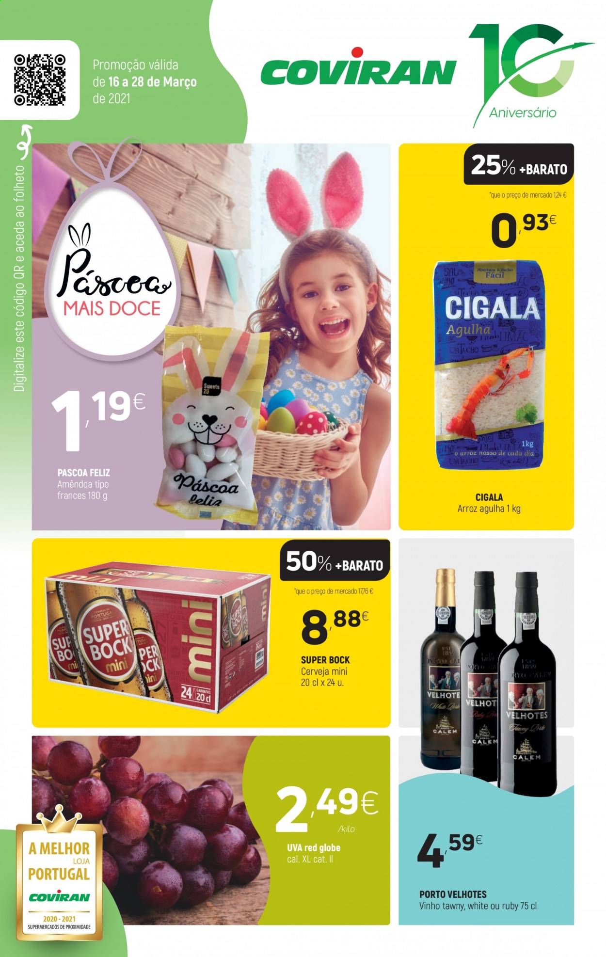 thumbnail - Folheto Coviran - 16.3.2021 - 28.3.2021 - Produtos em promoção - Super Bock, uva, arroz, amêndoa, vinho. Página 1.