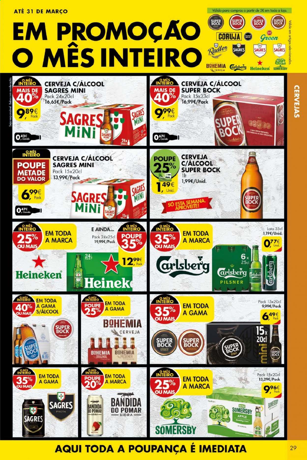 thumbnail - Folheto Pingo Doce - 16.3.2021 - 22.3.2021 - Produtos em promoção - Heineken, Sagres, Super Bock, sidra, Apple. Página 29.