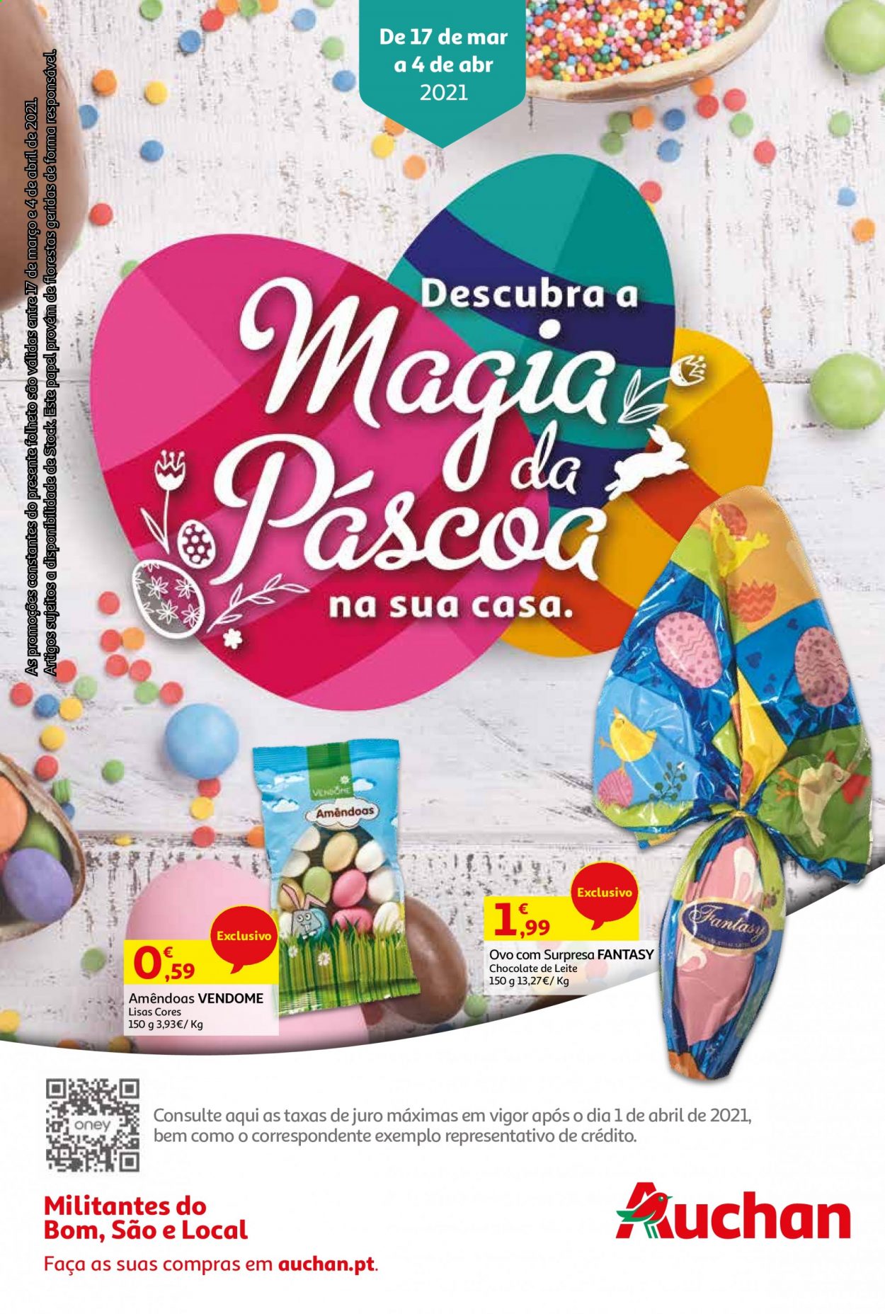 thumbnail - Folheto Auchan - 17.3.2021 - 4.4.2021 - Produtos em promoção - ovos, chocolate, amêndoa. Página 1.