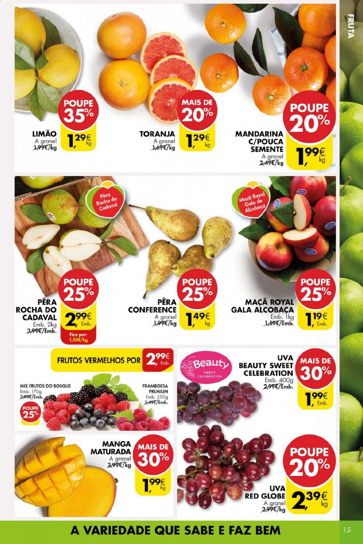thumbnail - Folheto Pingo Doce - 23.3.2021 - 29.3.2021 - Produtos em promoção - maçã, pera, uva, framboesa, limão, mandarina, manga, frutos vermelhos. Página 15.