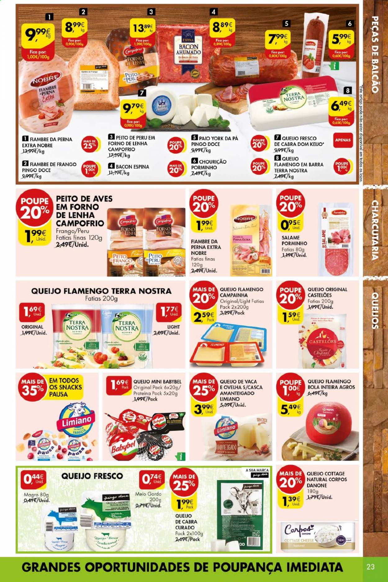 thumbnail - Folheto Pingo Doce - 23.3.2021 - 29.3.2021 - Produtos em promoção - peito de peru, perú, salame, bacon, Babybel, cottage, Danone. Página 23.