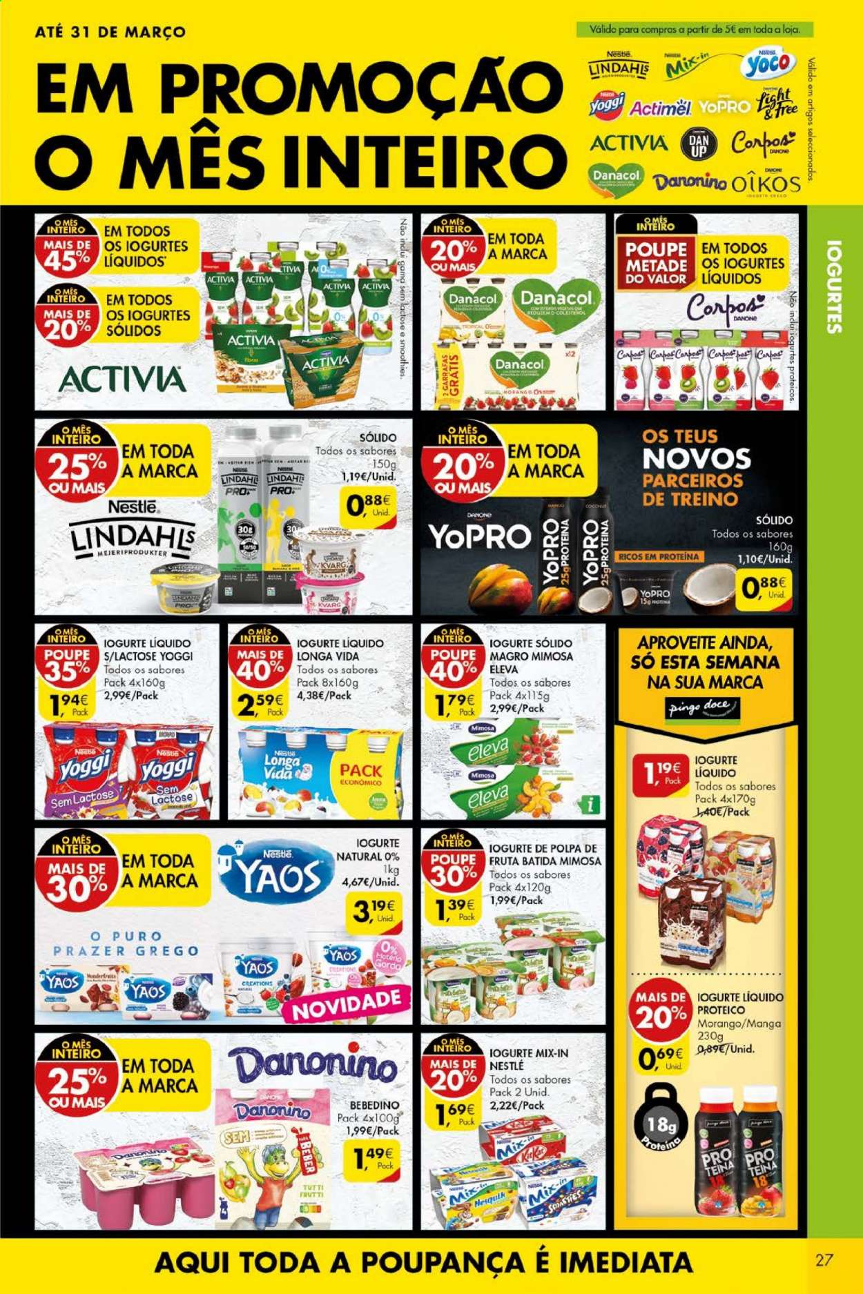 thumbnail - Folheto Pingo Doce - 23.3.2021 - 29.3.2021 - Produtos em promoção - Activia, Danone, iogurte líquido, Mimosa, Yopro, Nesquik, Actimel, Nestlé. Página 27.