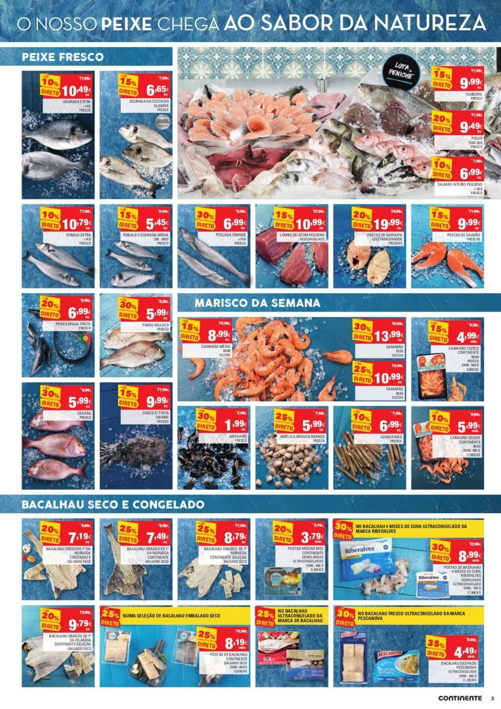 thumbnail - Folheto Continente - 30.3.2021 - 5.4.2021 - Produtos em promoção - lombo, salmão, garoupa, camarão, bacalhau, polvo, peixe espada, peixe, marisco. Página 3.