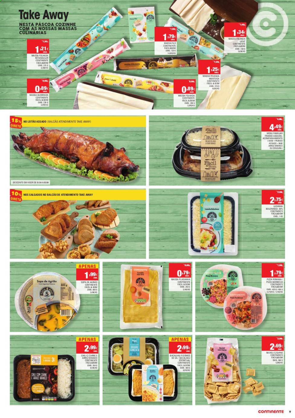 thumbnail - Folheto Continente - 30.3.2021 - 5.4.2021 - Produtos em promoção - leitão assado, bacalhau, pizza, lasanha, sopa, manteiga, arroz branco. Página 9.