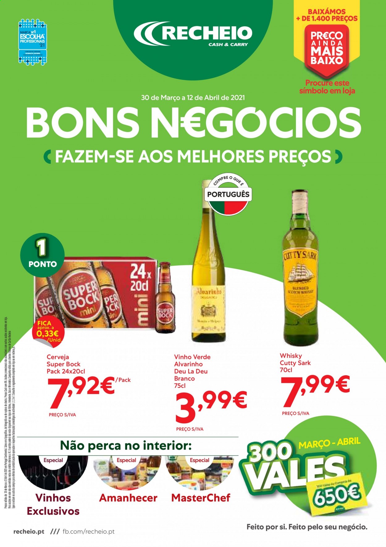 thumbnail - Folheto Recheio - 30.3.2021 - 12.4.2021 - Produtos em promoção - Super Bock, vinho, whiskey. Página 1.