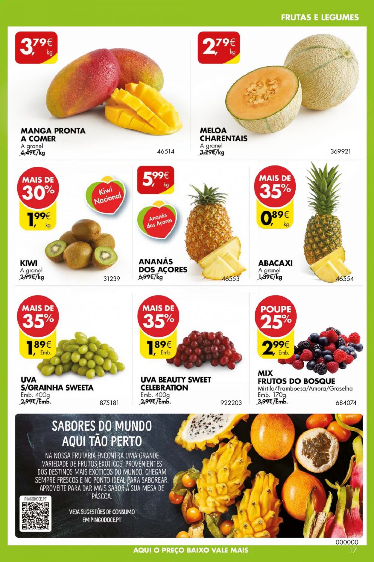 thumbnail - Folheto Pingo Doce - 30.3.2021 - 5.4.2021 - Produtos em promoção - abacaxi, kiwi, melão, uva, amora, framboesa, manga. Página 17.