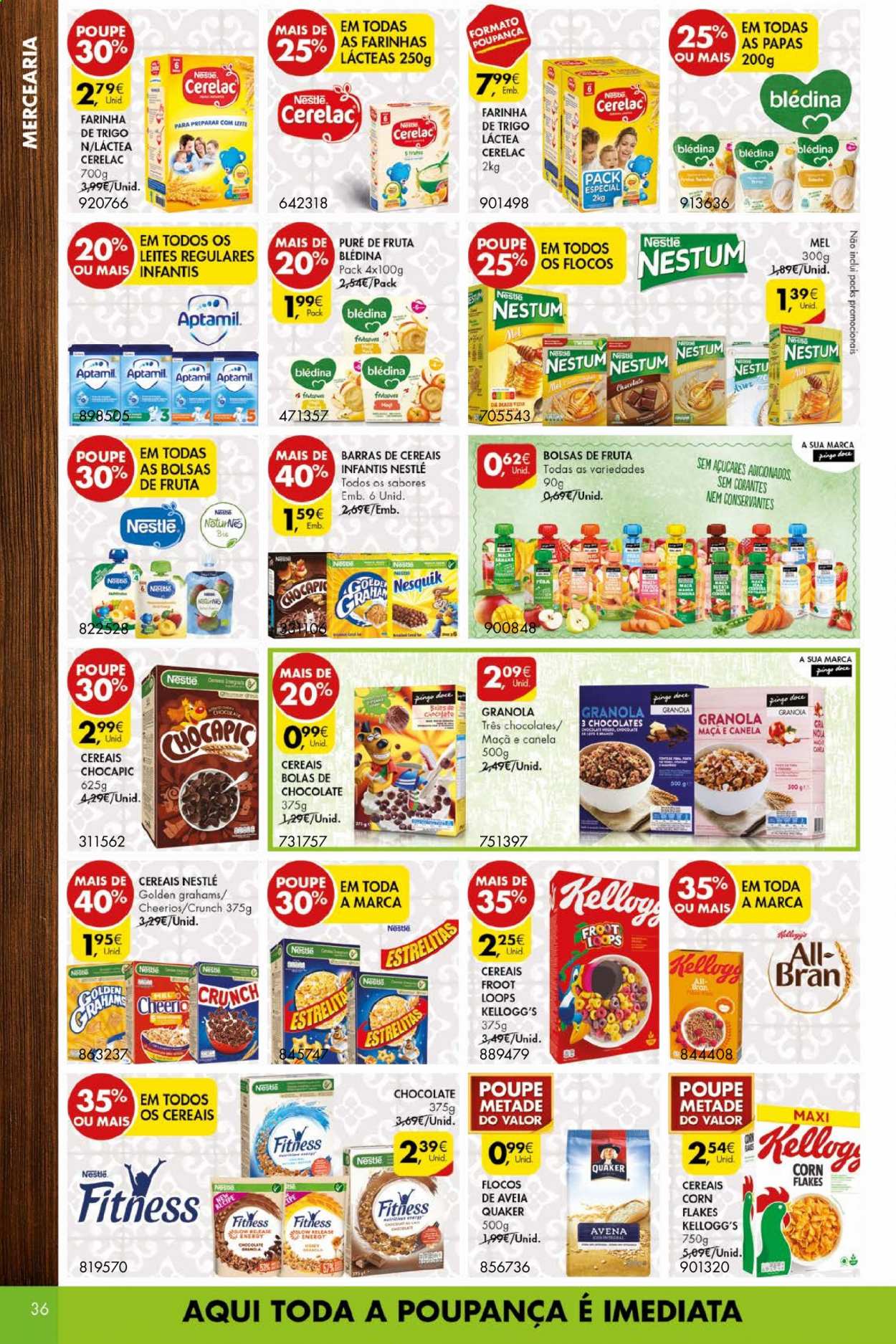thumbnail - Folheto Pingo Doce - 30.3.2021 - 5.4.2021 - Produtos em promoção - Nesquik, chocolate, Nestlé, farinha, flocos, granola, Kellogg's, mel. Página 36.