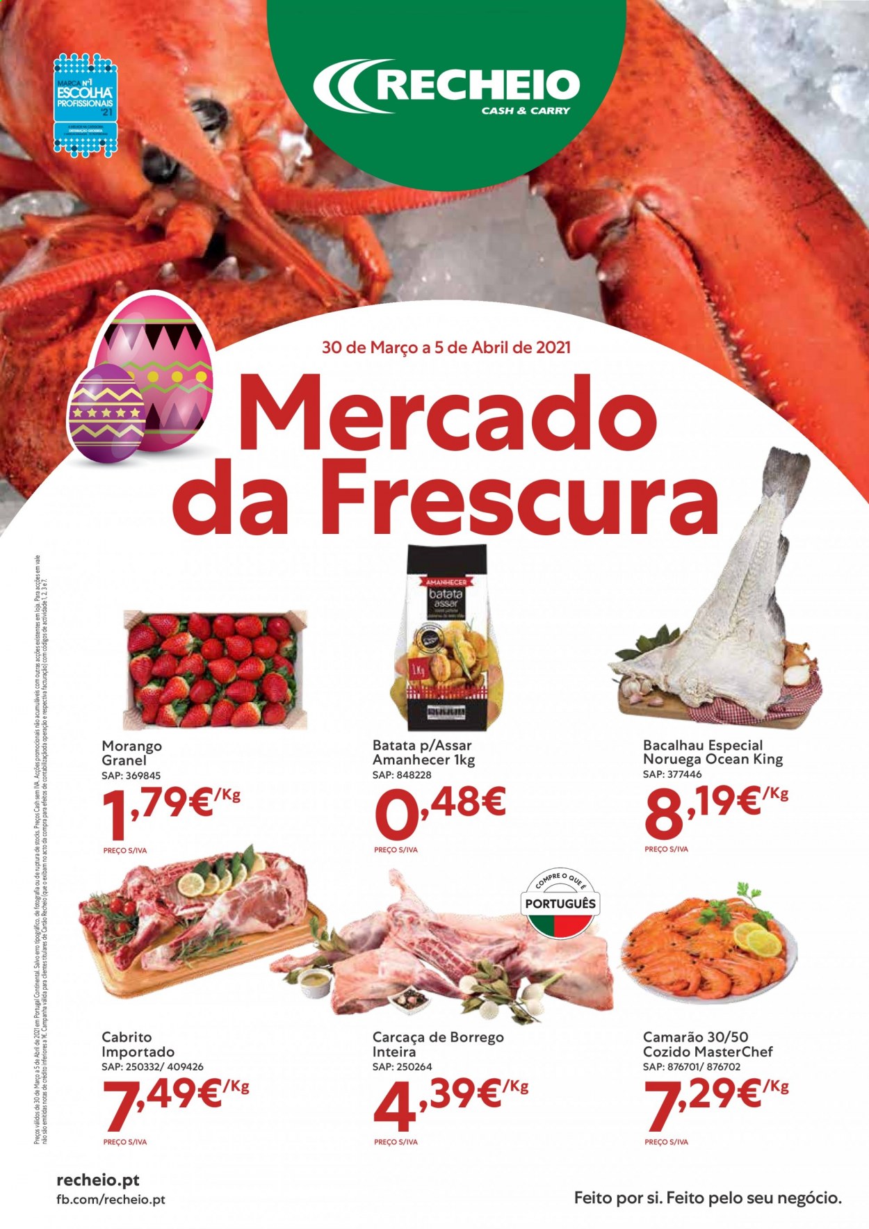 thumbnail - Folheto Recheio - 30.3.2021 - 5.4.2021 - Produtos em promoção - morango, batata, camarão, bacalhau. Página 1.