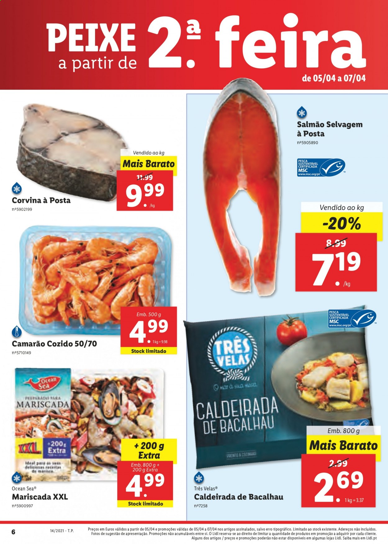 thumbnail - Folheto Lidl - 5.4.2021 - 11.4.2021 - Produtos em promoção - salmão, camarão, bacalhau, corvina, peixe. Página 26.
