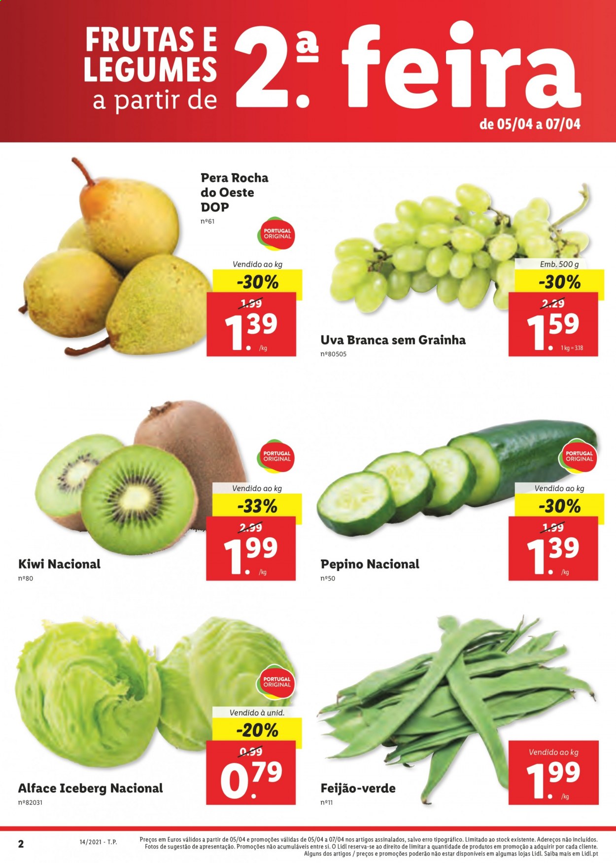 thumbnail - Folheto Lidl - 5.4.2021 - 11.4.2021 - Produtos em promoção - pera, kiwi, uva, alface, feijão verde, pepino, legumes, feijão. Página 4.