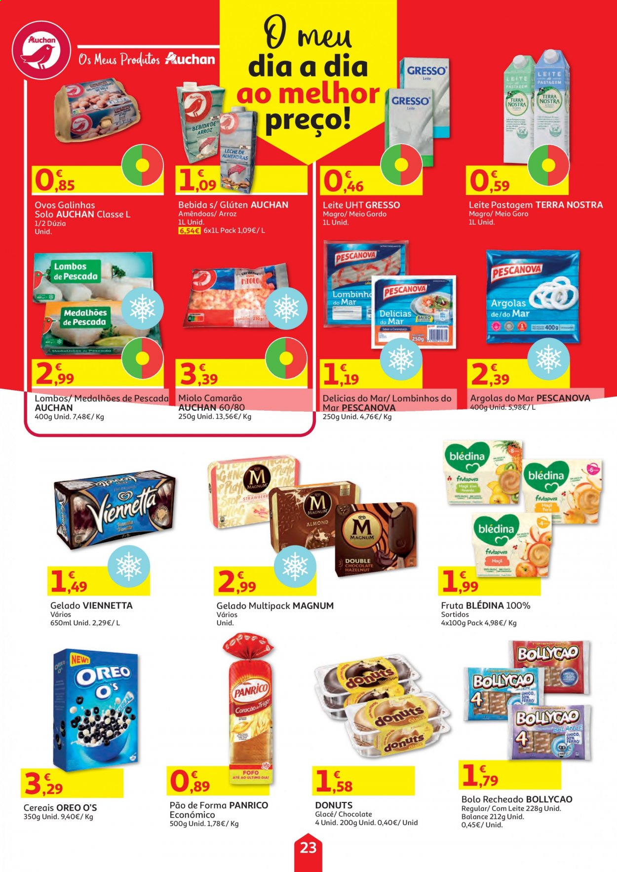 thumbnail - Folheto Auchan - 5.4.2021 - 19.4.2021 - Produtos em promoção - pão, pão de forma, bolo, camarão, Oreo, ovos, Viennetta, Magnum, chocolate, cereais, arroz. Página 23.