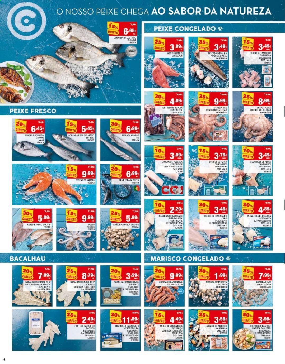 thumbnail - Folheto Continente Bom Dia - 6.4.2021 - 12.4.2021 - Produtos em promoção - salada, salmão, camarão, bacalhau, polvo, peixe espada, marisco, arroz. Página 4.