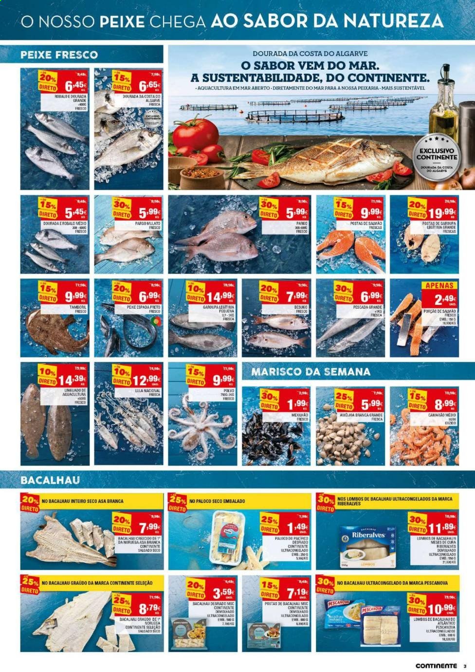 thumbnail - Folheto Continente - 6.4.2021 - 12.4.2021 - Produtos em promoção - salmão, garoupa, camarão, bacalhau, polvo, peixe, marisco, lula. Página 3.