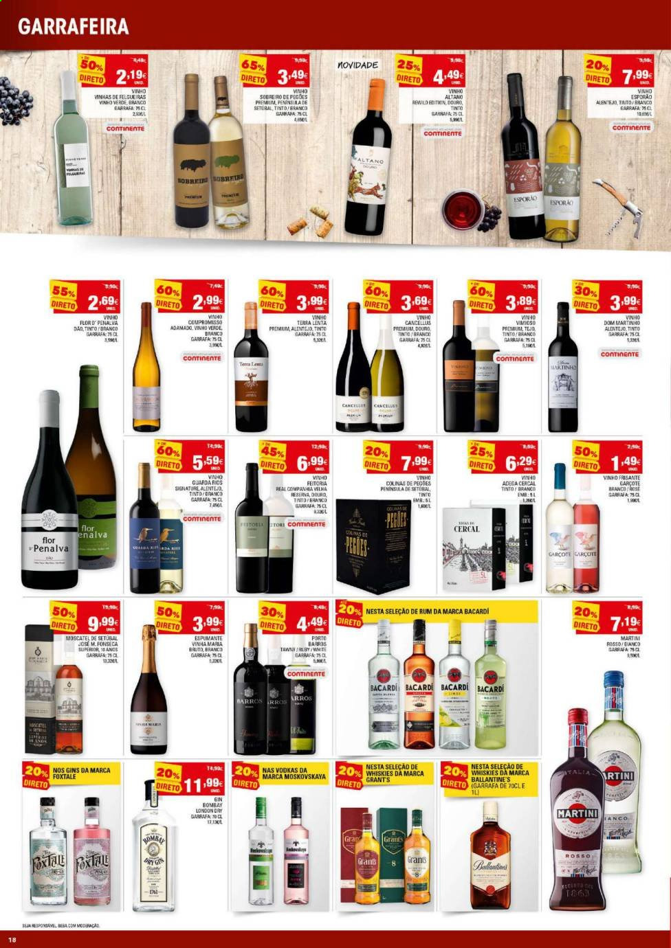 thumbnail - Folheto Continente - 6.4.2021 - 12.4.2021 - Produtos em promoção - vinho, espumante, moscatel, vinho frisante, Bacardi, gin, Grant‘s, rum, Martini, garrafa. Página 18.