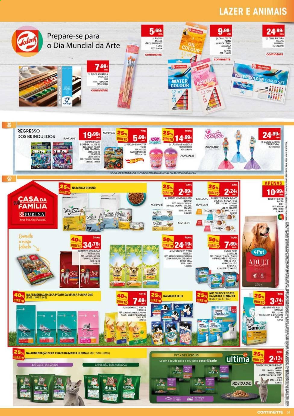 thumbnail - Folheto Continente - 6.4.2021 - 12.4.2021 - Produtos em promoção - bacalhau, pensos higiénicos, LEGO, Friskies, Purina, Barbie, carro brinquedo. Página 31.