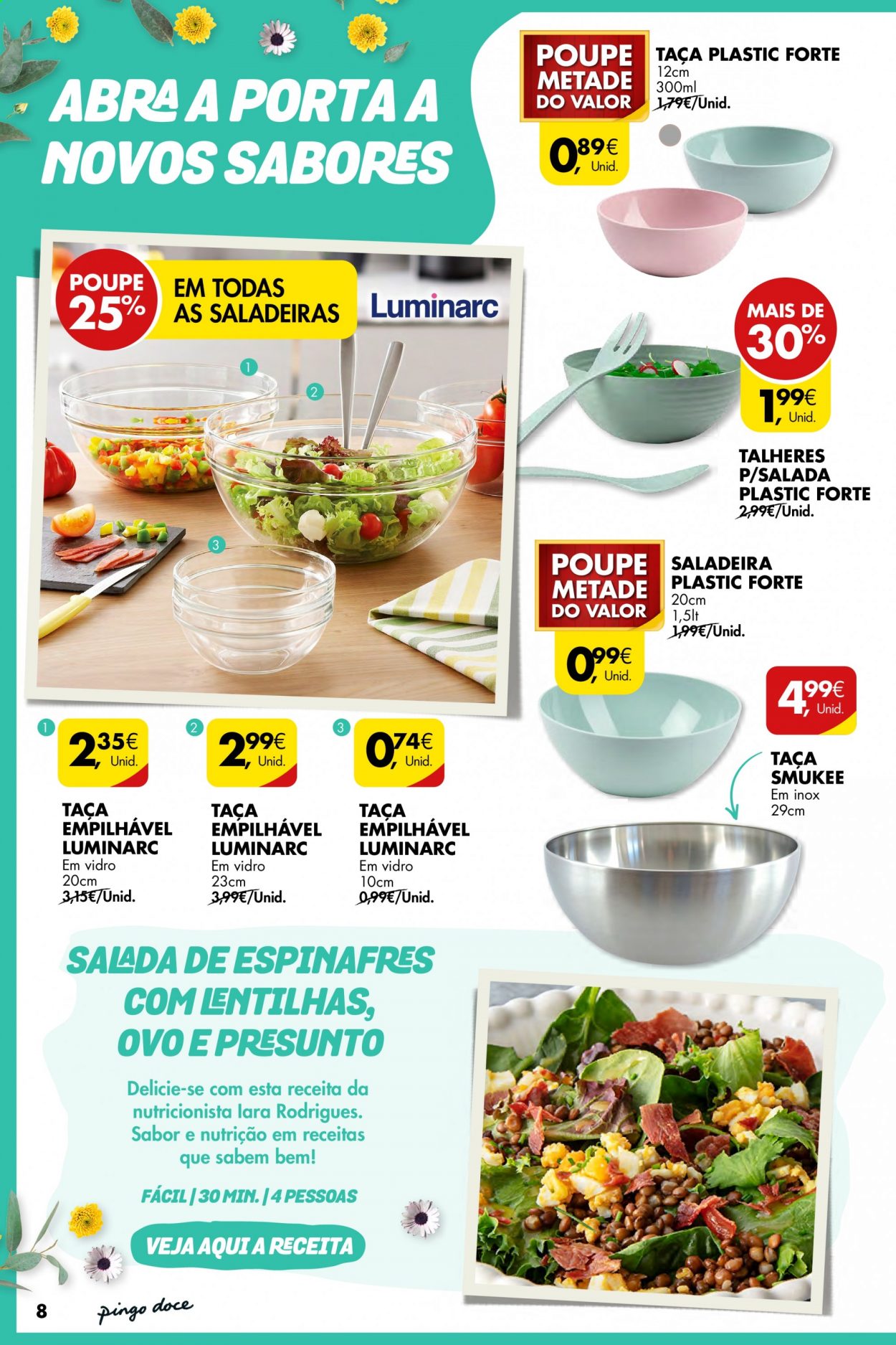 thumbnail - Folheto Pingo Doce - 6.4.2021 - 3.5.2021 - Produtos em promoção - salada, presunto, lentilhas, taça, talheres. Página 8.
