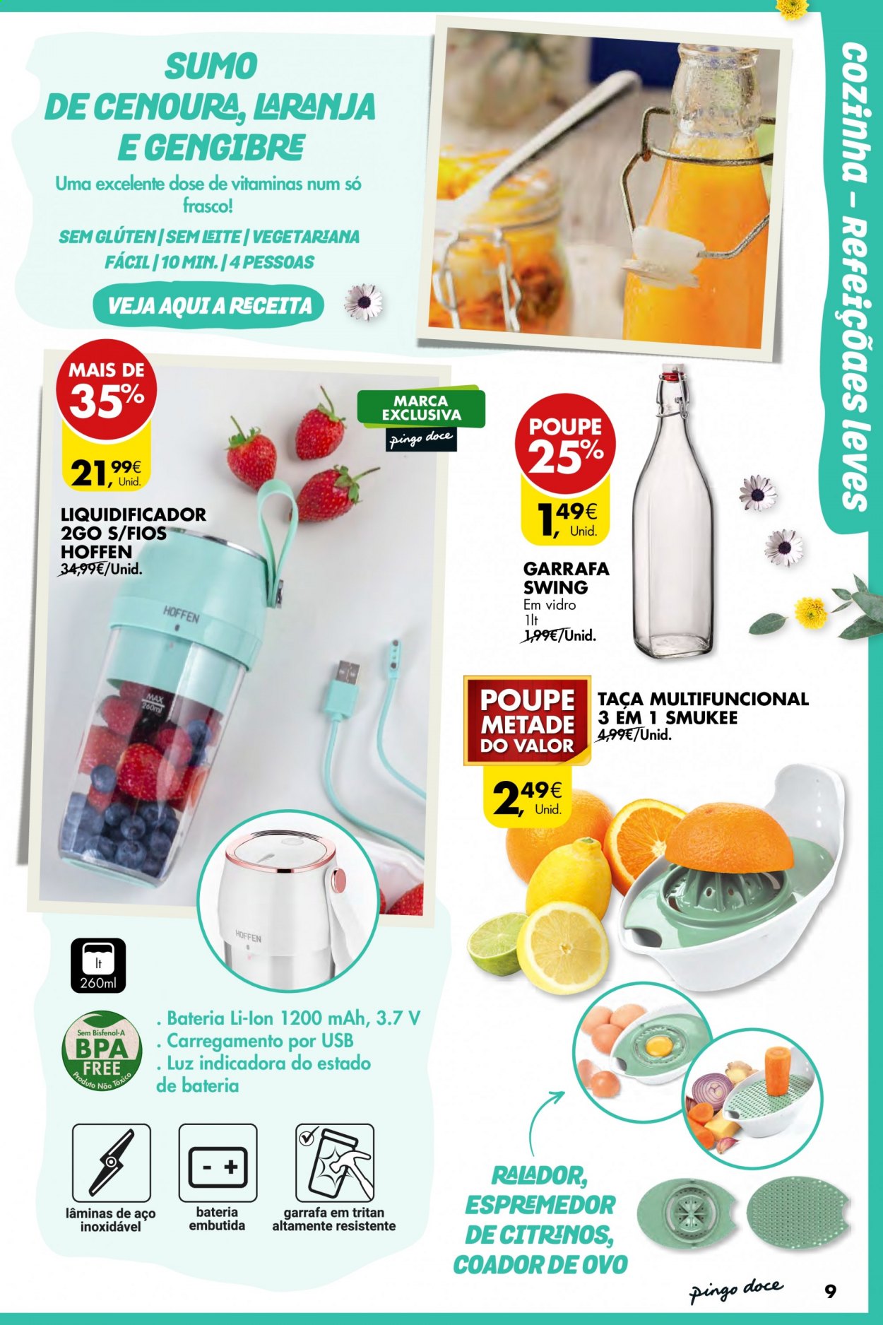 thumbnail - Folheto Pingo Doce - 6.4.2021 - 3.5.2021 - Produtos em promoção - cenoura, gengibre, leite, espremedor, garrafa, taça, liquidificador. Página 9.