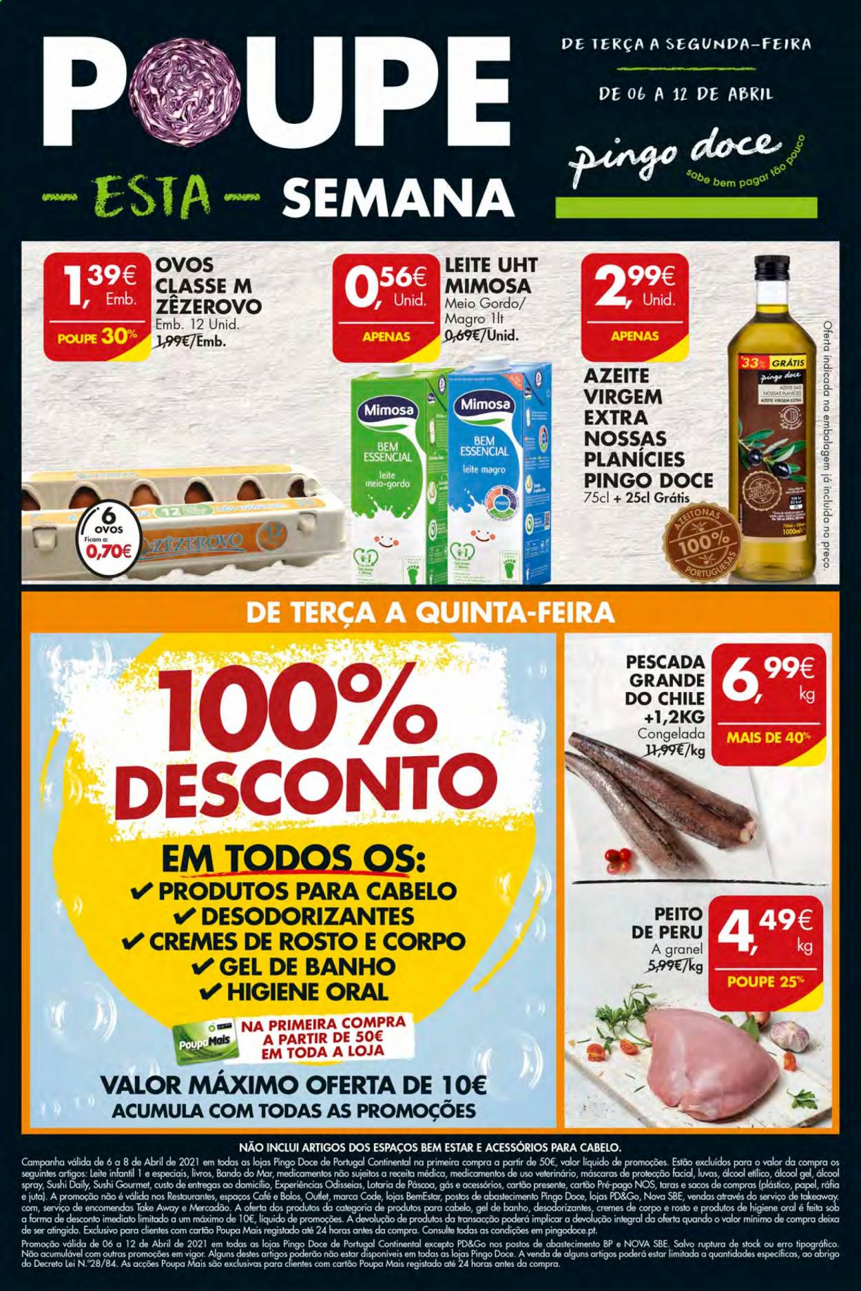thumbnail - Folheto Pingo Doce - 6.4.2021 - 12.4.2021 - Produtos em promoção - Mimosa, leite, azeite de oliva, café, gel de banho, máscara, livro. Página 1.