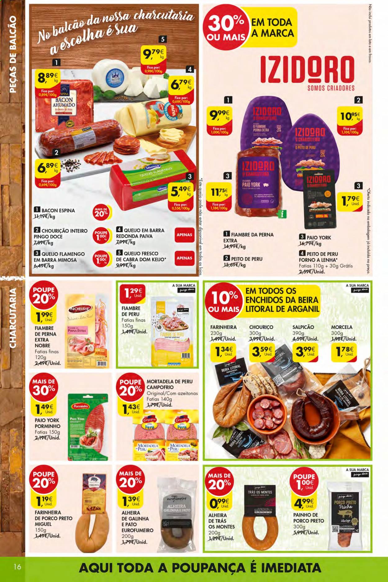 thumbnail - Folheto Pingo Doce - 6.4.2021 - 12.4.2021 - Produtos em promoção - peito de peru, perú, mortadela, bacon, queijo, Mimosa. Página 16.