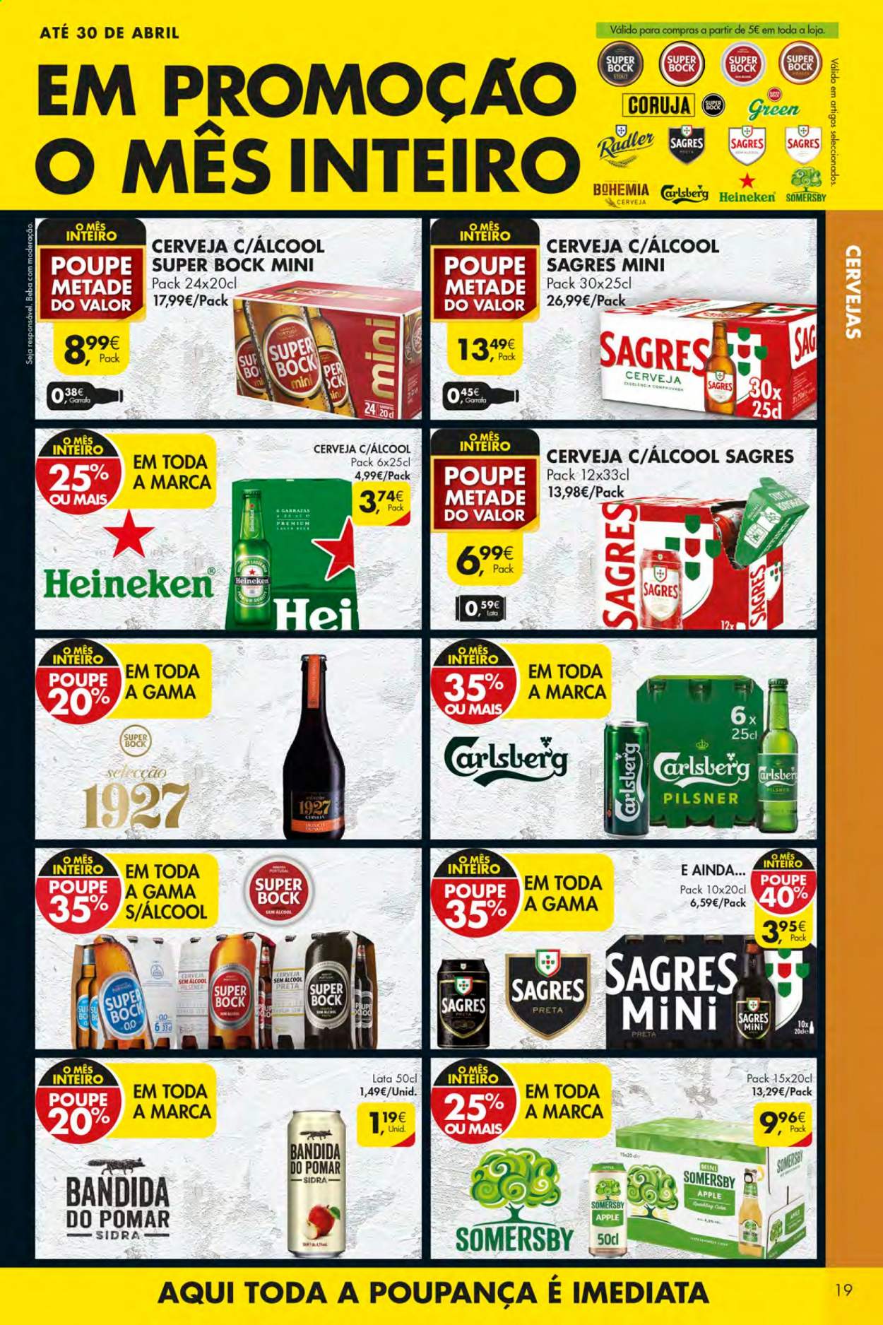 thumbnail - Folheto Pingo Doce - 6.4.2021 - 12.4.2021 - Produtos em promoção - Heineken, Sagres, cerveja sem álcool, Super Bock, sidra, garrafa, Apple. Página 19.