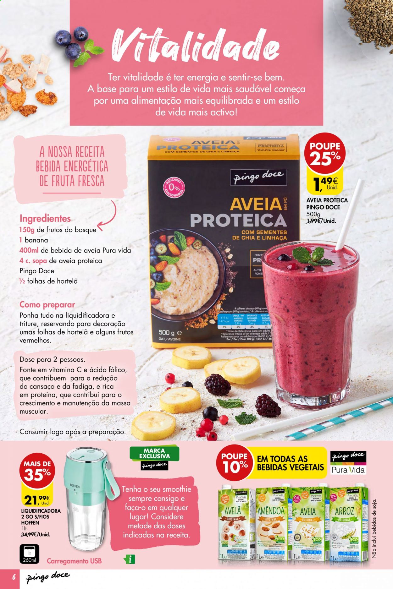 thumbnail - Folheto Pingo Doce - 6.4.2021 - 19.4.2021 - Produtos em promoção - banana, bebida energética, smoothie, bebida de aveia, Vitamina C. Página 6.