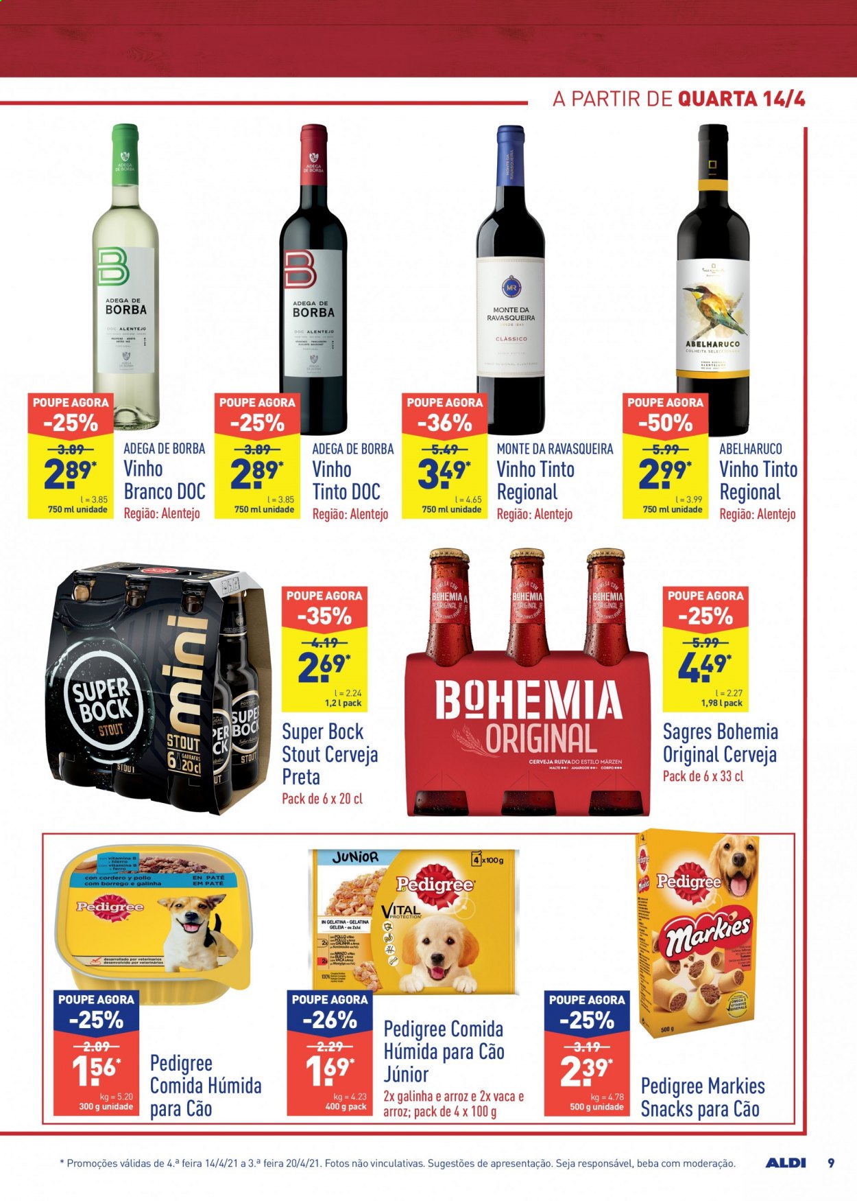 thumbnail - Folheto Aldi - 14.4.2021 - 20.4.2021 - Produtos em promoção - Sagres, Super Bock, vinho, vinho branco, vinho tinto, Pedigree. Página 9.