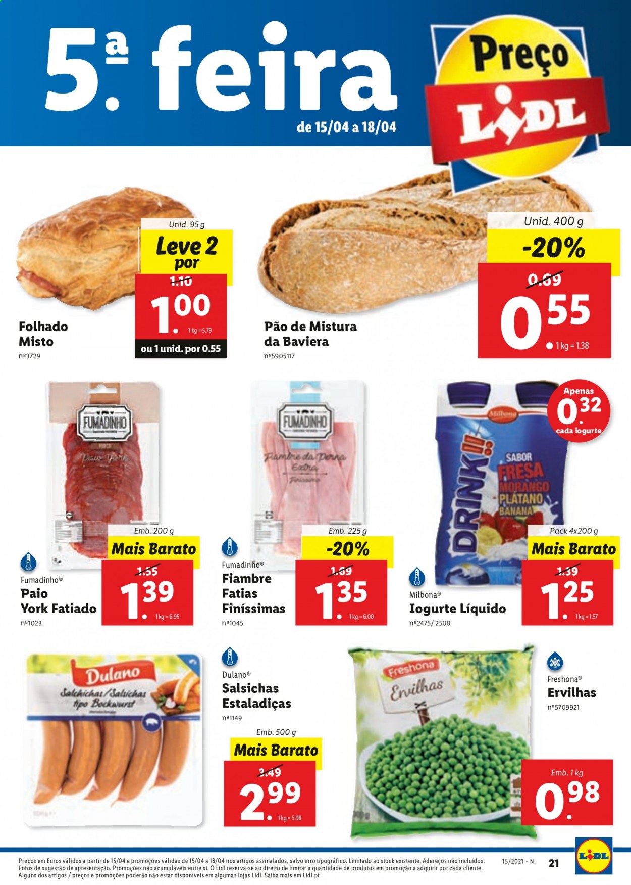 thumbnail - Folheto Lidl - 12.4.2021 - 18.4.2021 - Produtos em promoção - pão, salsicha, iogurte, iogurte líquido. Página 21.