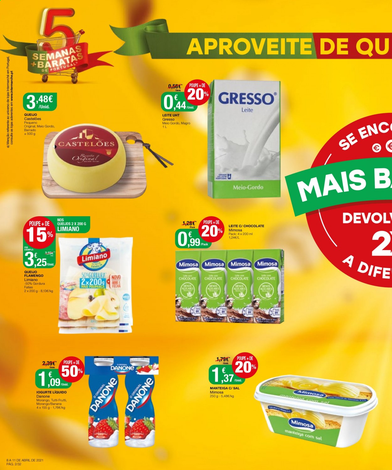 thumbnail - Folheto Intermarché - 8.4.2021 - 14.4.2021 - Produtos em promoção - queijo, iogurte, Danone, iogurte líquido, Mimosa, leite, manteiga. Página 2.