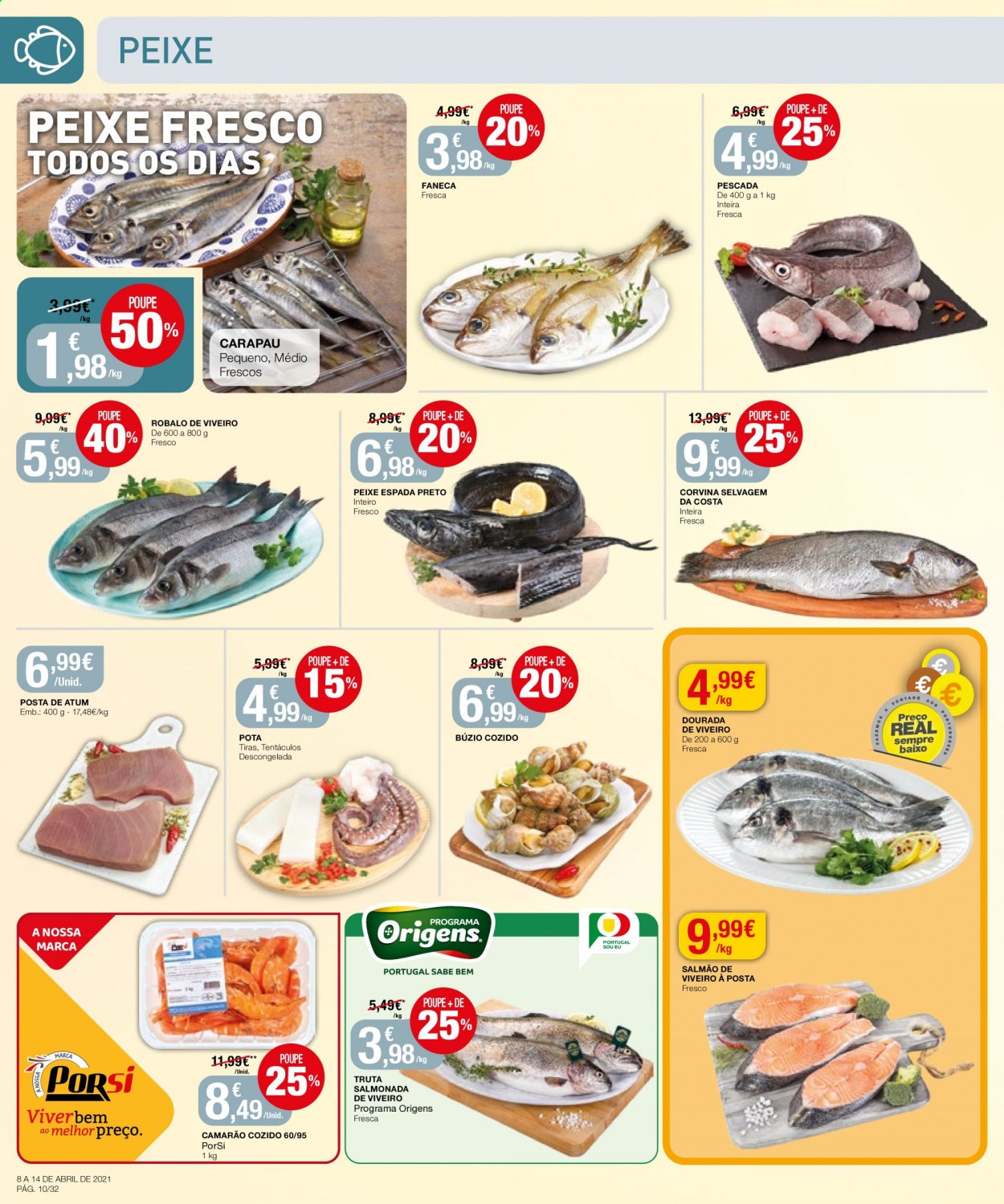 thumbnail - Folheto Intermarché - 8.4.2021 - 14.4.2021 - Produtos em promoção - salmão, camarão, atum, corvina, peixe espada, peixe, truta. Página 10.