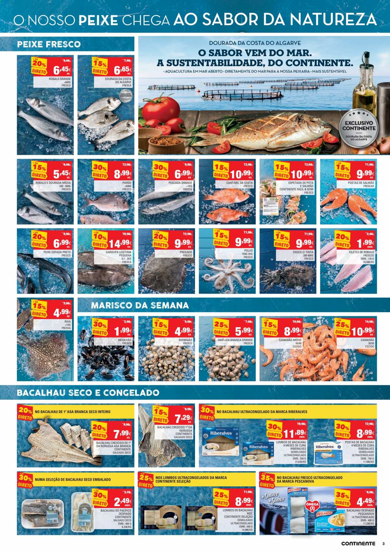 thumbnail - Folheto Continente - 13.4.2021 - 19.4.2021 - Produtos em promoção - salmão, garoupa, camarão, bacalhau, polvo, peixe espada, peixe, marisco. Página 3.