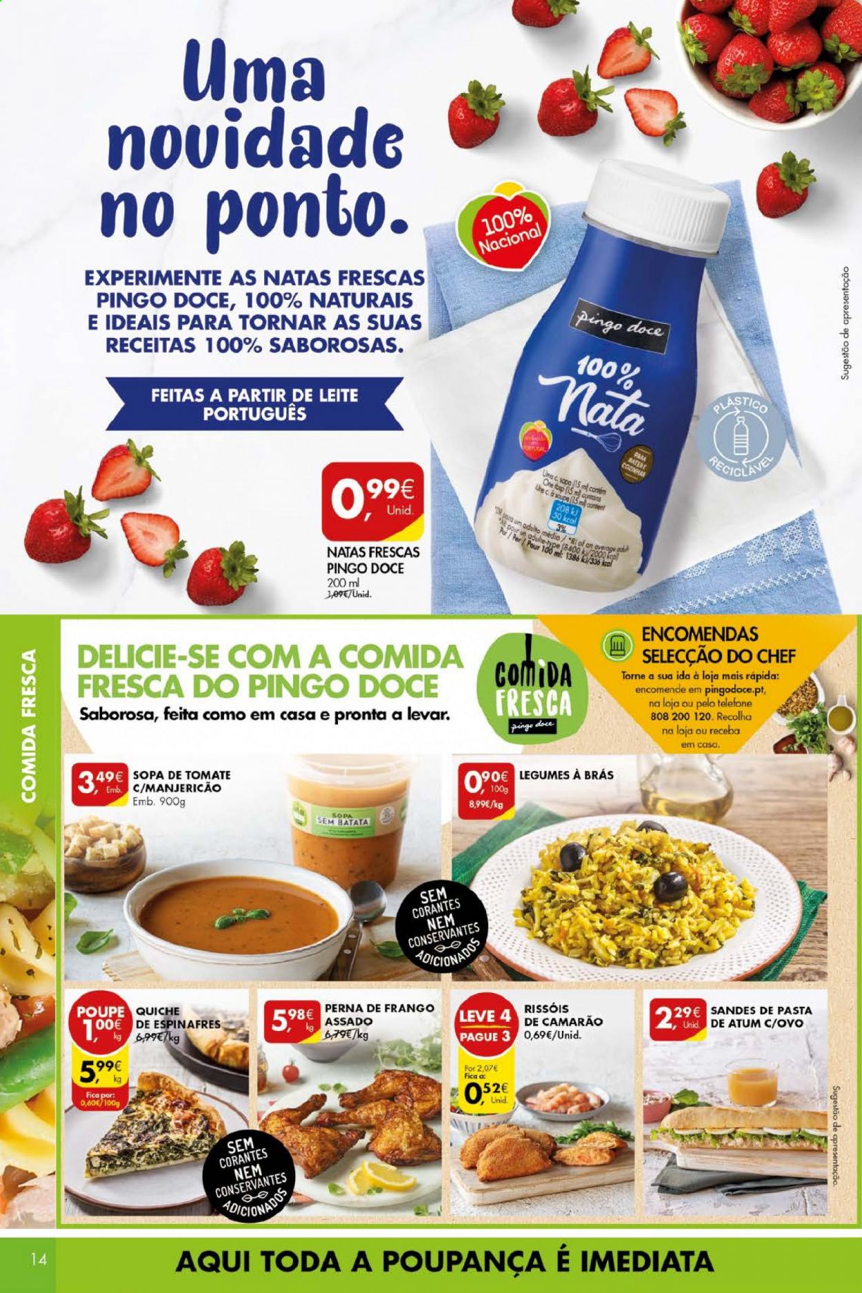 thumbnail - Folheto Pingo Doce - 13.4.2021 - 19.4.2021 - Produtos em promoção - quiche, perna de frango, sopa, rissois, ovos, nata, creme de leite. Página 14.