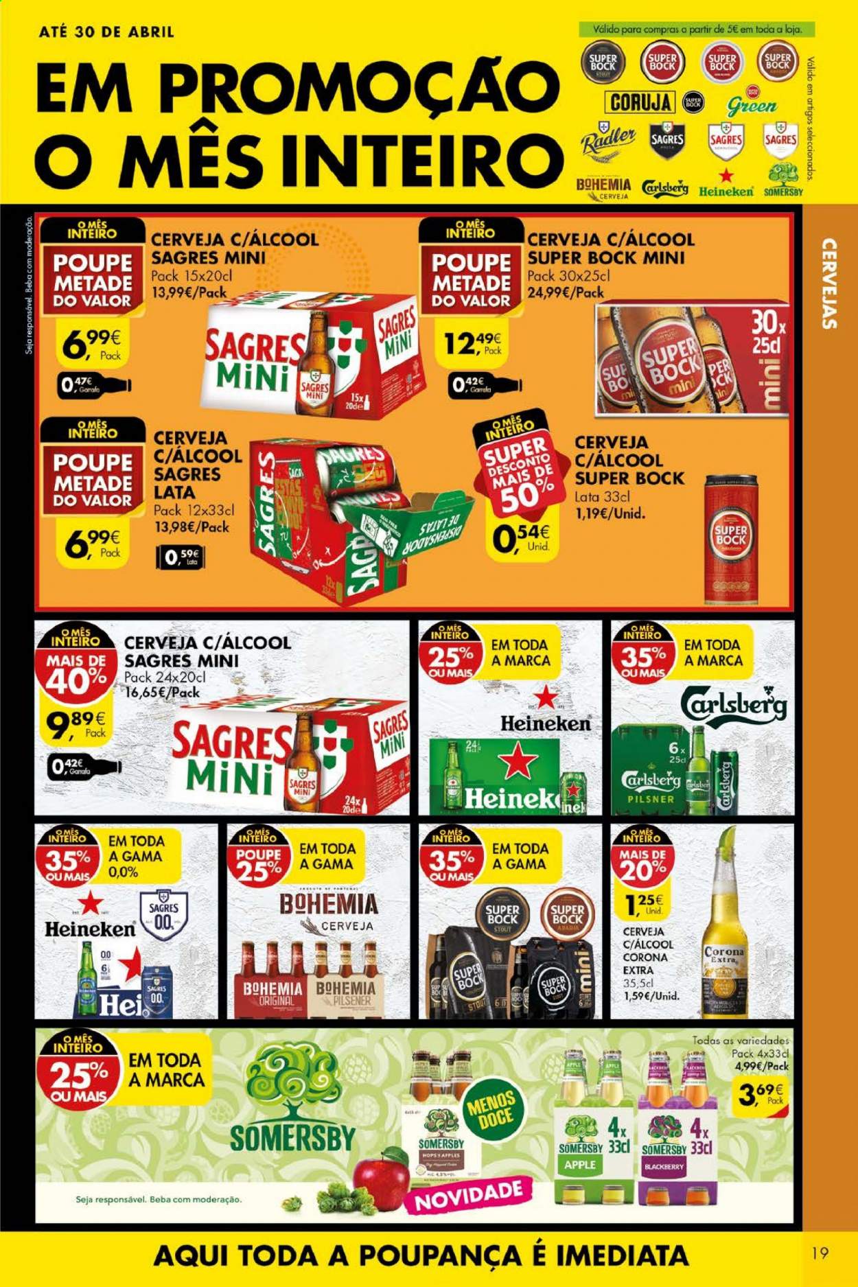 thumbnail - Folheto Pingo Doce - 13.4.2021 - 19.4.2021 - Produtos em promoção - Corona, Heineken, Sagres, Super Bock, cerveja, Somersby, Carlsberg, Radler. Página 19.