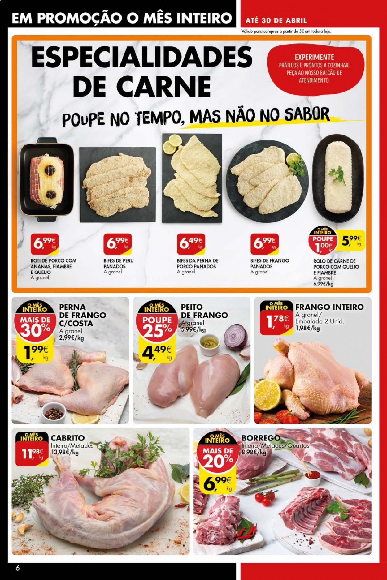 thumbnail - Folheto Pingo Doce - 20.4.2021 - 26.4.2021 - Produtos em promoção - rolo de carne, perú, frango inteiro, bife de frango, perna de frango. Página 6.
