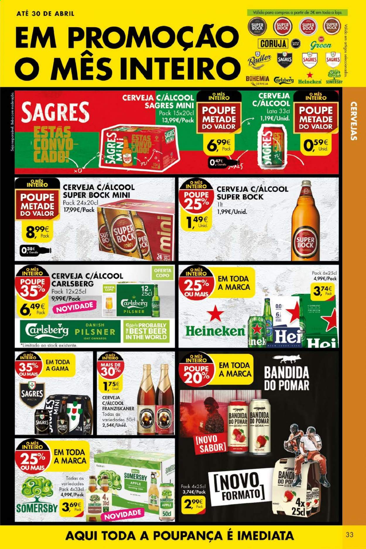thumbnail - Folheto Pingo Doce - 20.4.2021 - 26.4.2021 - Produtos em promoção - Heineken, Sagres, Super Bock, cerveja, Somersby, Carlsberg, Radler, sidra, copo, cortina. Página 33.