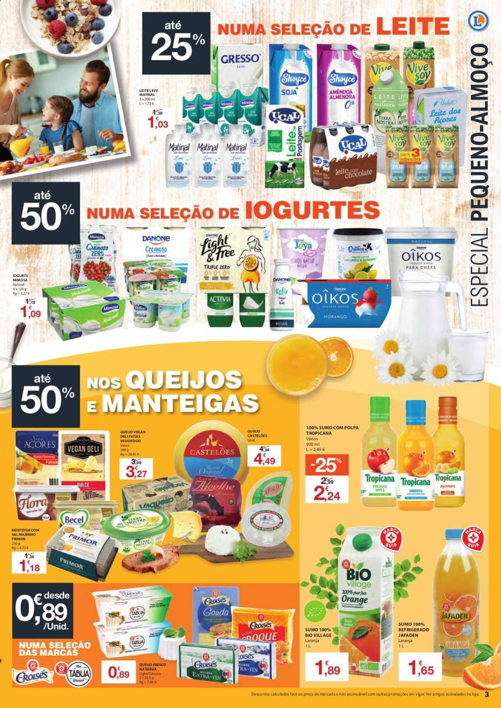 thumbnail - Folheto E.Leclerc - 20.4.2021 - 2.5.2021 - Produtos em promoção - laranja, gouda, iogurte, Danone, Mimosa, manteiga, Becel, sal, amêndoa. Página 3.