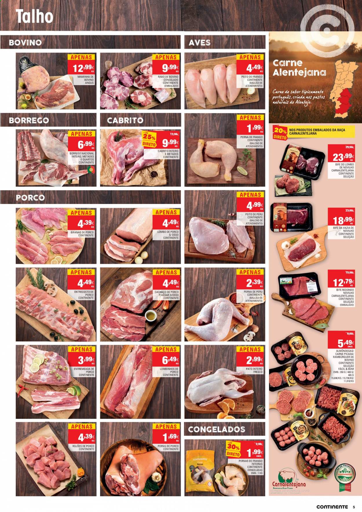 thumbnail - Folheto Continente - 20.4.2021 - 26.4.2021 - Produtos em promoção - bife, lombo, carne, pernil, pernil suíno, lombo de porco, entremeada de porco, cachaço de porco, rojões de porco, bifanas, pato inteiro, peito de frango, peito de peru, perú, perna de frango, pato, alcatra, rabo de bovino, carne de novilho, Angus, maminha, hamburger, carne moída, almôndegas, cabrito. Página 5.