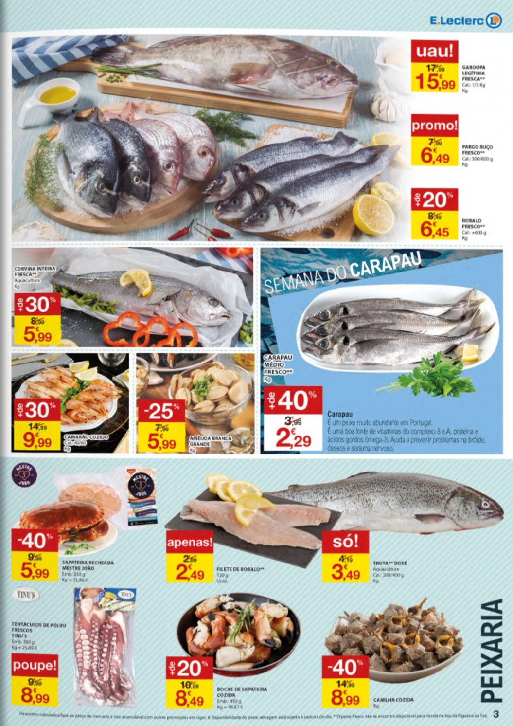 thumbnail - Folheto E.Leclerc - 22.4.2021 - 28.4.2021 - Produtos em promoção - garoupa, camarão, polvo, corvina, peixe, truta. Página 3.