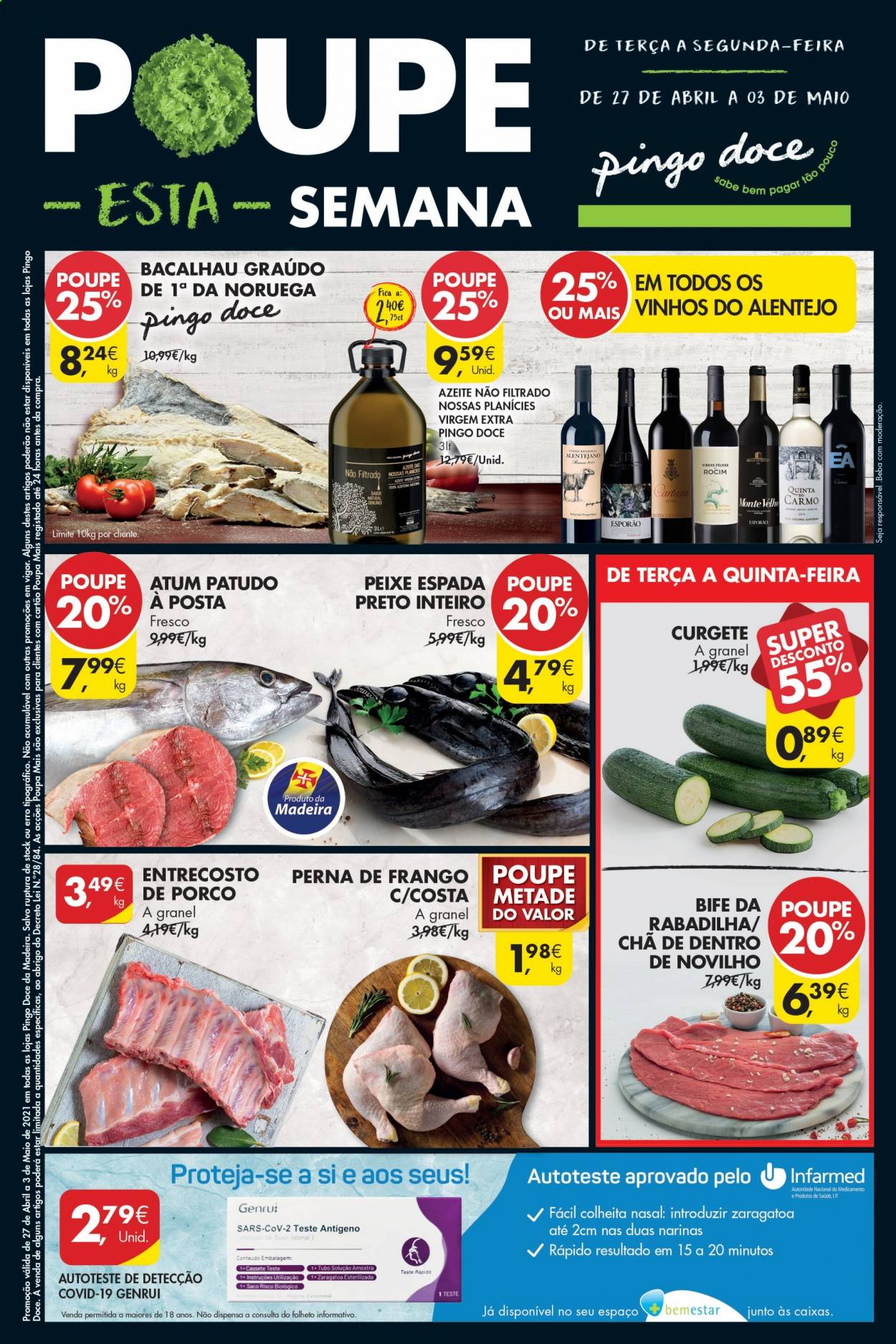 thumbnail - Folheto Pingo Doce - 27.4.2021 - 3.5.2021 - Produtos em promoção - bife, perna de frango, bacalhau, atum, peixe espada, peixe, chá, vinho. Página 1.
