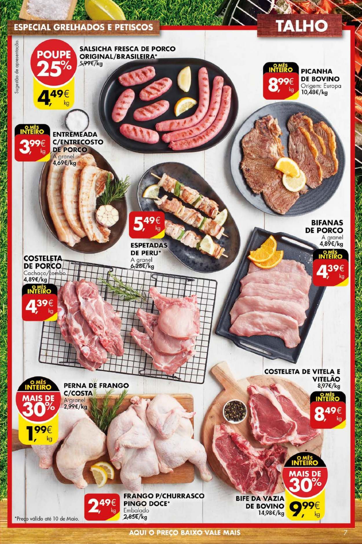 thumbnail - Folheto Pingo Doce - 4.5.2021 - 10.5.2021 - Produtos em promoção - picanha, bife, lombo, perú, perna de frango, vazia de bovino, salsicha. Página 7.